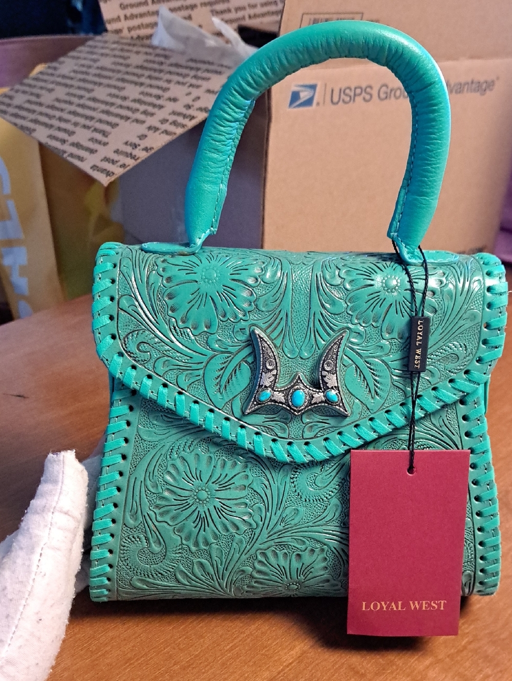Loyal West Teal Tooled Leather Top-Handle Bag